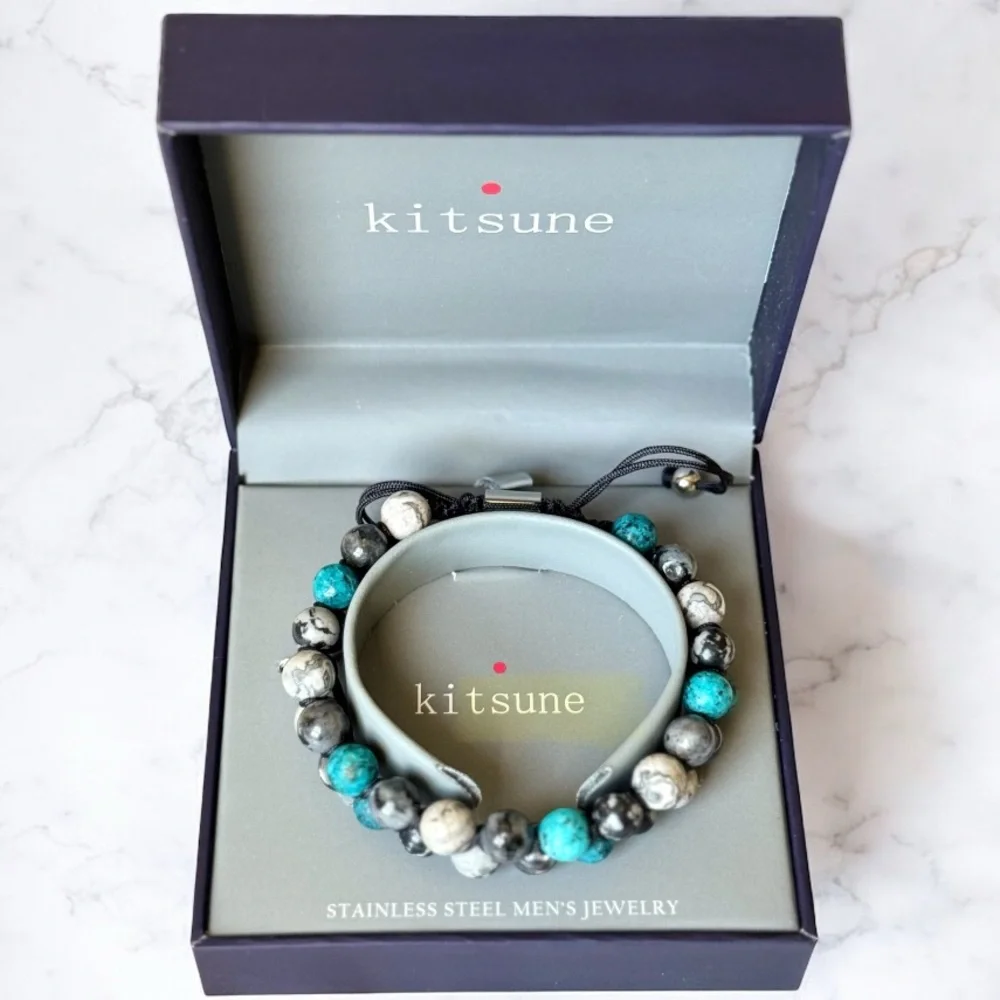Maison Kitsune Bracelet Black Stainless Steel Stone Beads Boho Men's Jewelry